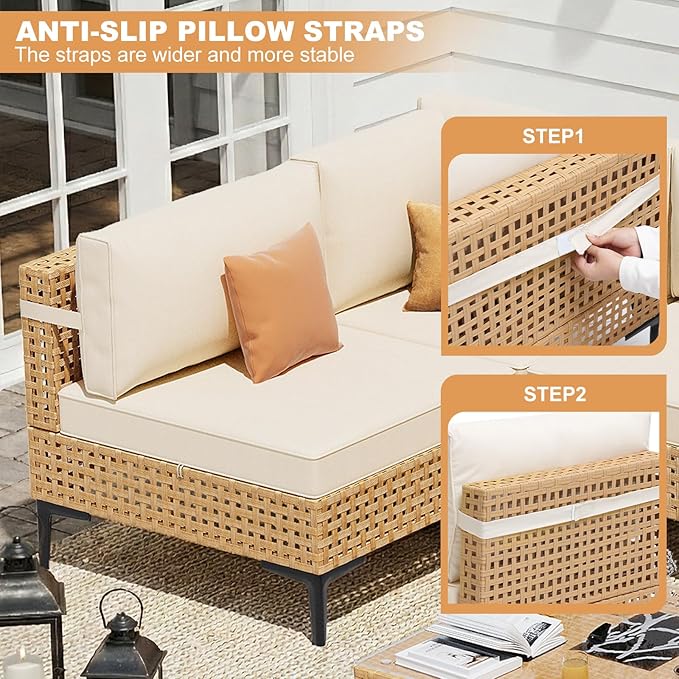 ABCASA Patio Furniture Set, 110" Large 7-Piece Wicker Outdoor Patio Furniture Sets with Anti-Slip Cushions & Coffee Table,Boho Patio Conversation Set Sectional Sofa for Backyard,Porch,Beige