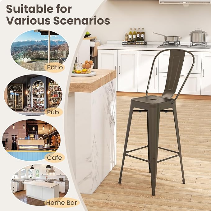 COSTWAY Metal Bar stools Set of 4, with Removable Back, 30'' Bar Height Stools with Rubber Feet, Stylish and Modern Chairs, for Kitchen, Dining Rooms, and Side Bar (Gun-Update, 30'')