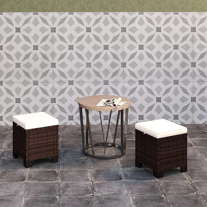 Outsunny 2 Pieces Outdoor Patio Ottomans, All Weather Wicker Outdoor Footstools with Removable Cushions, 3-in-1 PE Rattan Ottoman Seat, Footrest and Side Table for Backyard, Poolside, Beige