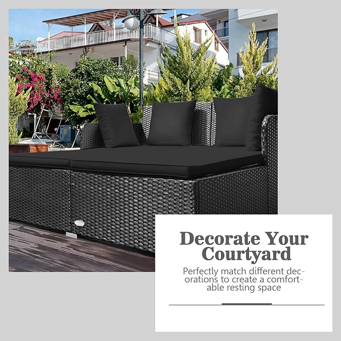 HAPPYGRILL Patio Rattan Daybed Outdoor Loveseat Sofa Set with Padded Cushion Pillows and Sturdy Aluminum Foot Wicker Patio Furniture for Garden Porch Poolside