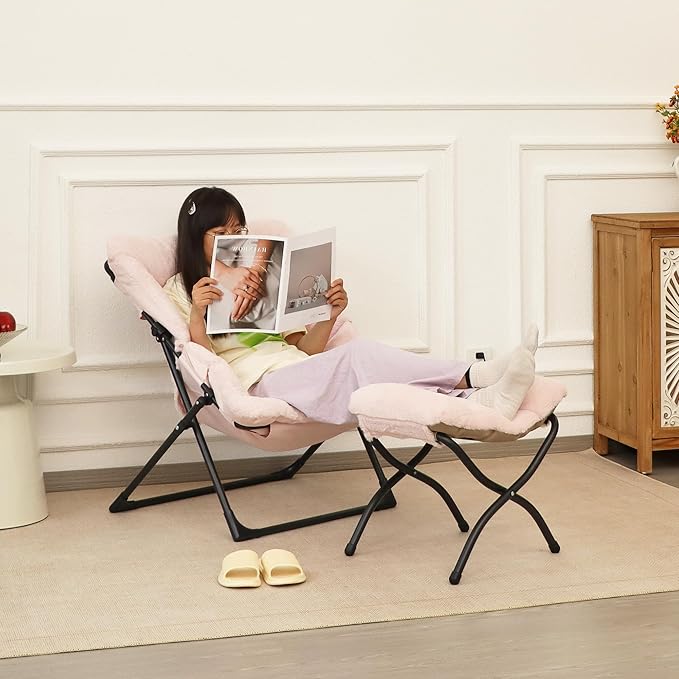 15"(H) Folding Ottoman, Foldable Footrest Stool, Portable Small Foot Stool for Couch, Collapsible Foot Rest Ottoman for Sofa, Accent Padded Ottomans for Living Room, Bedroom, Pink