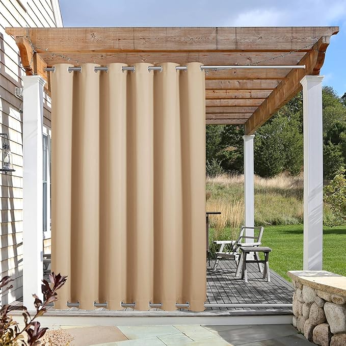 NICETOWN Outdoor Curtain for Patio Waterproof, Sunlight Block Rustproof Grommet Top and Bottom Windbreak, Thick Enough Protect You from Sun/Rain for Deck, Biscotti Beige, W84 x L108, 1 Piece