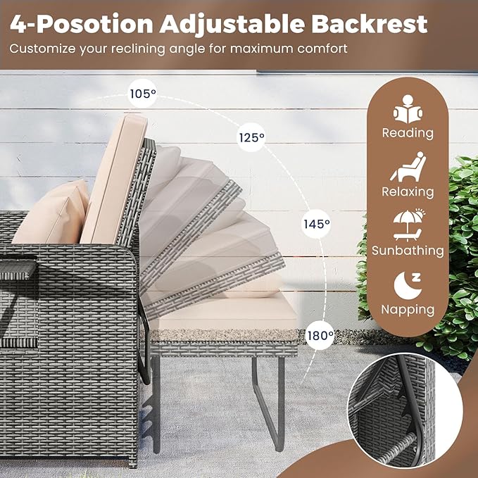 HAPPYGRILL Patio Rattan Wicker Daybed with Loveseat & Storage Ottoman, Outdoor Lounge Sofa Furniture Set with Adjustable Backrest & Side Trays, for Poolside Deck Porch Lawn (Mix Grey & Beige)