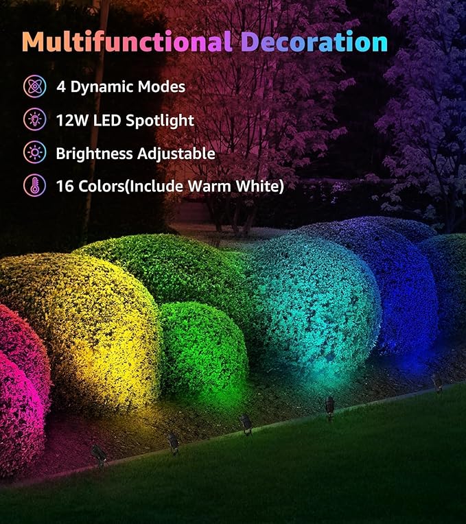 SUNVIE RGBW Spot Lights Outdoor Color Changing Landscape Lighting 12W LED Outdoor Spotlights with Remote Control 120V Waterproof Colored Spotlights for House Garden Yard Tree Decorative, 6 Pack