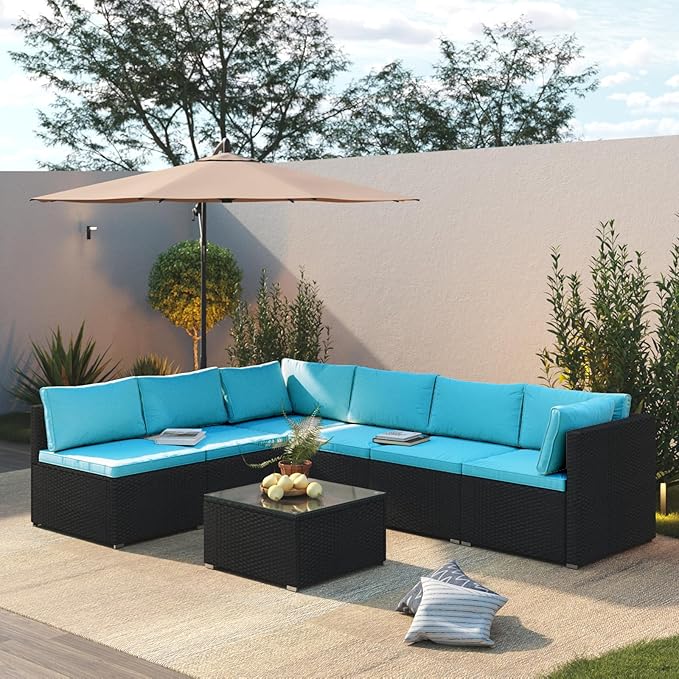 7 Piece Outdoor Patio Furniture Sets, Turquoise Patio Sectional Furniture All-Weather PE Rattan Sectional Sofa, Outdoor Wicker Conversatin Set w Coffee Table for Backyard, Garden, Porch