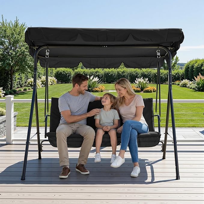 3 Person Porch Swing Chair,Outdoor Patio Swing Chair with Adjustable Canopy and Armrests,Breathable Fabric Seat & Backrest,Outdoor Swing for Backyard, Garden, 600 Lbs Max Load