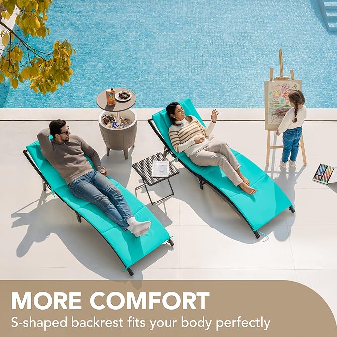 Devoko Patio Chaise Lounge Sets Outdoor Rattan Adjustable Back 3 Pieces Cushioned Patio Folding Chaise Lounge with Folding Table (Blue)