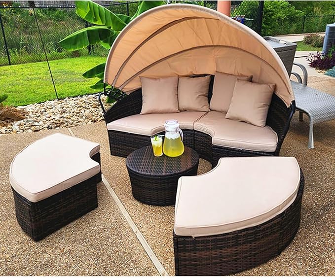 SUNCROWN Outdoor Patio Round Daybed with Retractable Canopy, Brown Wicker Furniture Sectional Couch with Washable Cushions, Backyard, Porch