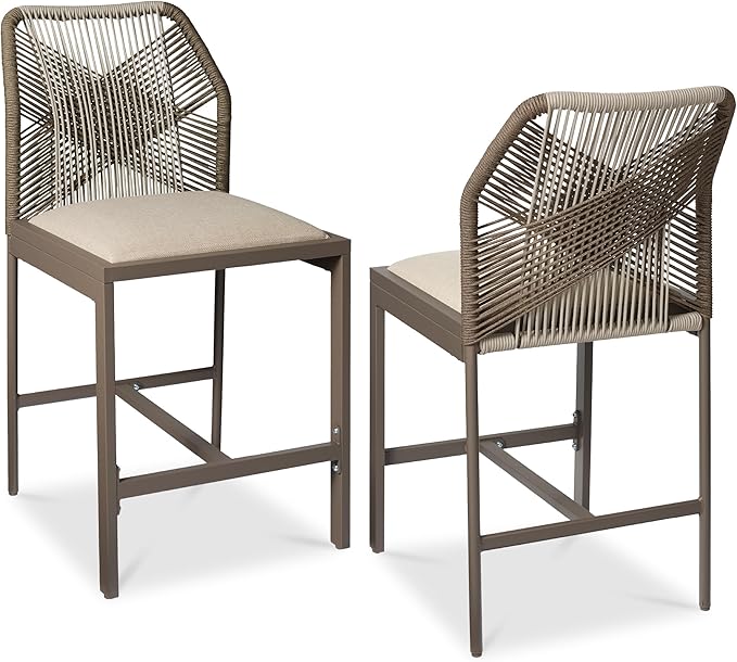 Best Choice Products Indoor Outdoor Counter Height Bar Stools Set of 2, Armless Kitchen Counter Stools w/Back and Footrest, Built-in Cushion, Aluminum Frame - Taupe/Sandstorm