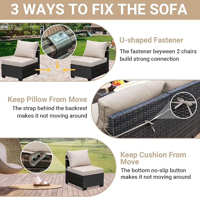 Jing's Villa 9-Piece Patio Furniture Set, All-Weather Outdoor Wicker Sectional Sofa with Cushions, Tempered Glass Table & Ottoman, Rattan Conversation Seating for Porch, Garden, Backyard,Beige