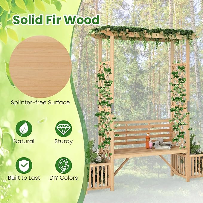 Giantex Outdoor Bench with Garden Arbor & 2 Planter Boxes, Wooden Trellis for Climbing Plants & Vines, Outside Pergola for 2-People Seating, Decoration for Porch, Patio, Yard