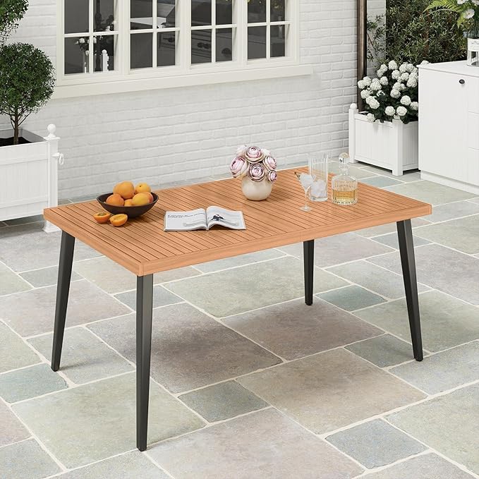 Tangkula 63" Acacia Wood Patio Dining Table for 6, Outdoor Dining Table with 1.97" Umbrella Hole & Metal Legs & Adjustable Foot Pads, Rectangular 6-Person Outside Table for Garden, Poolside & Backyard