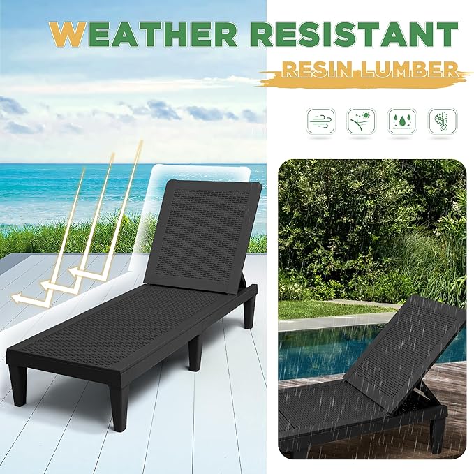 Greesum Outdoor Chaise Lounge Chairs Set of 4 with 5-Position Adjustable Backrest, Waterproof PP Sun Chaise Loungers for Garden Pool Beach Patio Deck Sunbathing, Black