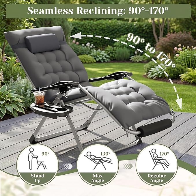 Homall Oversized Zero Gravity Chair, Set of 2 Recliner Lounge Chair with Removable Soft Cushion and Cup Holder, Adjustable Anti Gravity Chair Folding Patio Chairs Padded for Indoor and Outdoor (Gray)