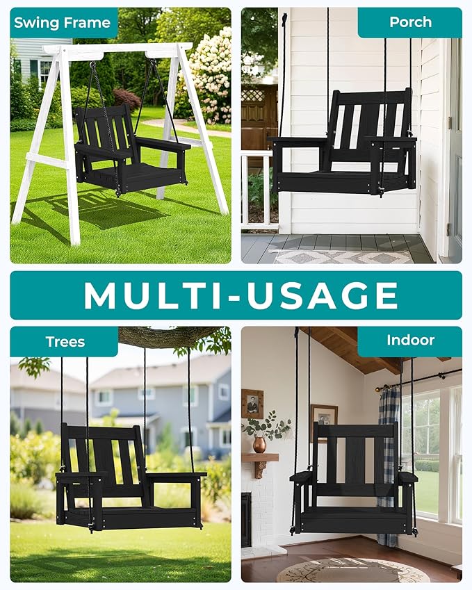SERWALL HDPE Single Porch Swing, Heavy Duty Single Person Swing Chair with 2 Polypropylene Hanging Ropes, Adirondack Hanging Chair for Outdoor Front Porch Patio Garden Yard, Black