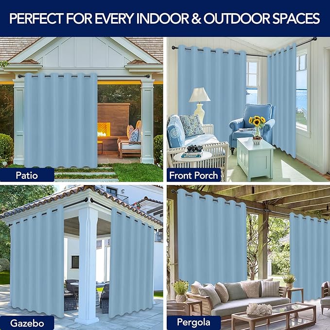 PureFit Outdoor Curtains for Patio Waterproof Weatherproof, UV Resistant Outside Curtains for Gazebo, Front Porch, Pergola, Sun Blocking Privacy Curtain, 100W x 108L inch, 1 Panel, Sky Blue