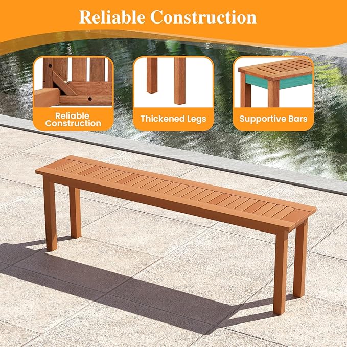 Tangkula Outdoor Wood Bench, 59” Long Patio Dining Bench, Backless Wooden Bench with Teak Oil Finish & Slat Seat, Accent Entryway Bench, Farmhouse Bench for Yard, Garden, Porch, Indoors