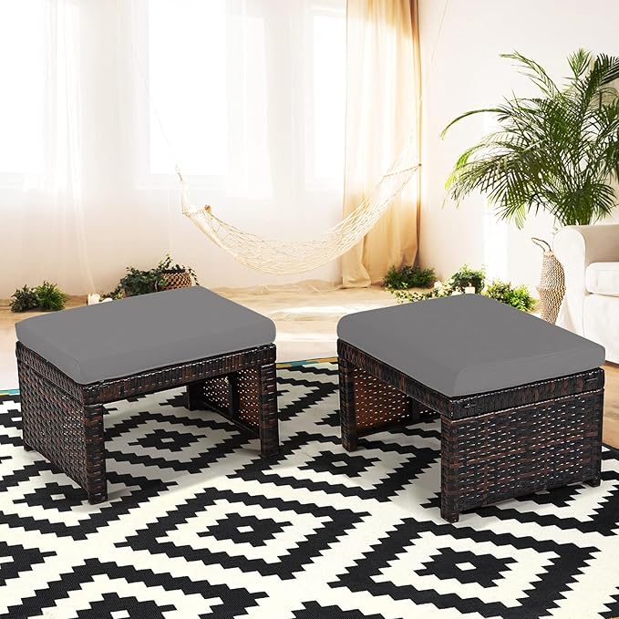 Tangkula 2 Pieces Patio Rattan Ottomans, All Weather Outdoor Footstool Footrest Seat with Soft Cushion, Hidden Zipper, High-Density Sponge, Wicker Ottoman Seat for Patio, Garden, Poolside