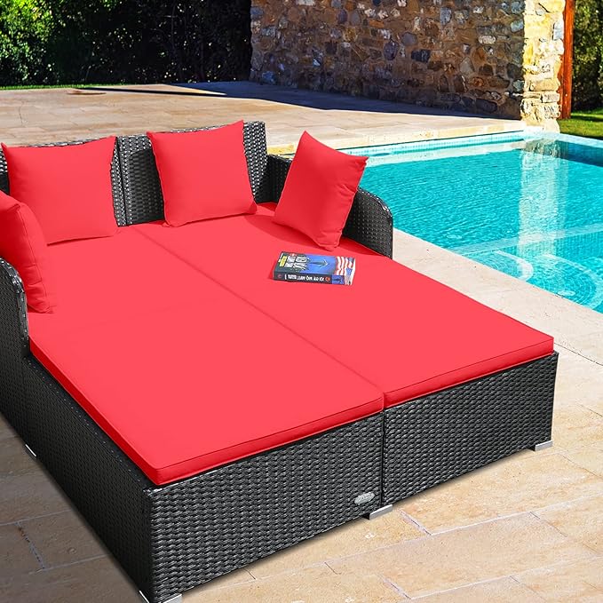 RELAX4LIFE Rattan Patio Outdoor Daybed, Wicker 2-Person Sunbed Loveseat with Soft Cushions, 4 Pillows, Curved Backrest & Armrest, Double Bed Lounger Sofa Set for Balcony Porch, Patio Bed (Red)