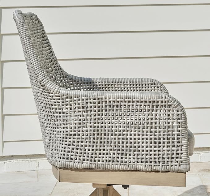 Signature Design by Ashley Seton Creek Cottage Nuvella Weather Resistant Fabric Outdoor Swivel Dining Chair with Cushion, Set of 2, Light Brown & Light Gray