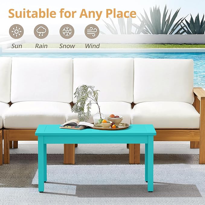 LUE BONA Outdoor Coffee Table Rectangle, 42.5" HDPS Patio Coffee Tables for Outside, All Weather Patio Coffee Table with Slatted Tabletop for Deck, Garden, Balcony, Indoor or Outdoor Use, Aruba Blue