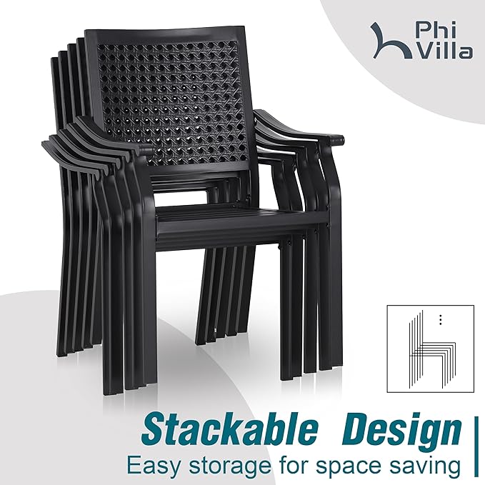PHI VILLA 5 Pieces Outdoor Dining Set for 4 with Umbrella, 42" Large Round Metal Steel Table & Stackable Iron Chairs with Cushions & 10ft Beige Umbrella, Modern Furniture for Patio, Deck, Yard, Porch