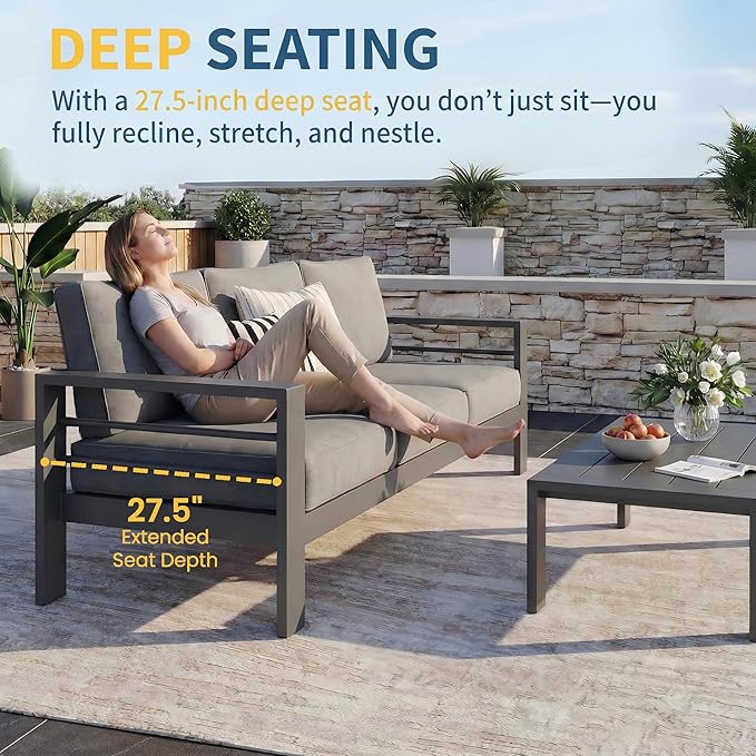 Solaste Aluminum Patio Furniture Set for All Weather, Oversized Metal Outdoor Furniture Set with 27.5" Deep Seating and 3.2" Wide Armrest, Outdoor Patio Conversation Sets with 10" Back Cushion, Gray
