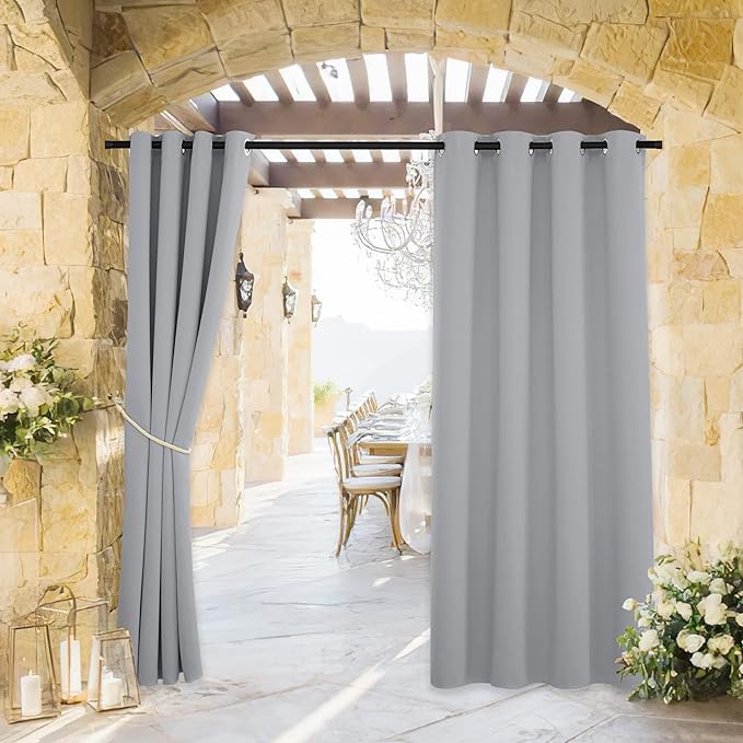 RYB HOME Outdoor Curtains for Patio Waterproof Block Sunlight Thermal Insulated Privacy Assured Thick Outside Curtains for Deck, Balcony, Pool, W52 x L63, Light Grey, 1 Panel
