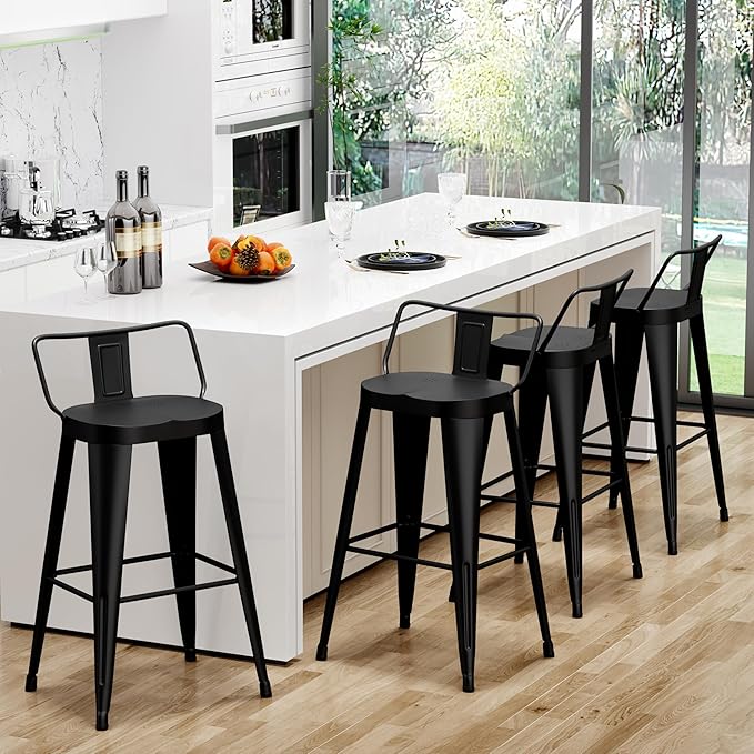Aklaus Metal Bar Stools Set of 4 Counter Height Bar Stools for Kitchen Island Farmhouse Barstools with Removable Back 30" Indoor Outdoor Barstools, Matte Black
