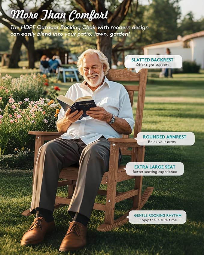 SERWALL Outdoor Rocking Chair Brown Set of 8, All Weather Patio Rocking Chair, HDPE Poly Rocking Chair for Adults, Heavy Duty Front Porch Rocker