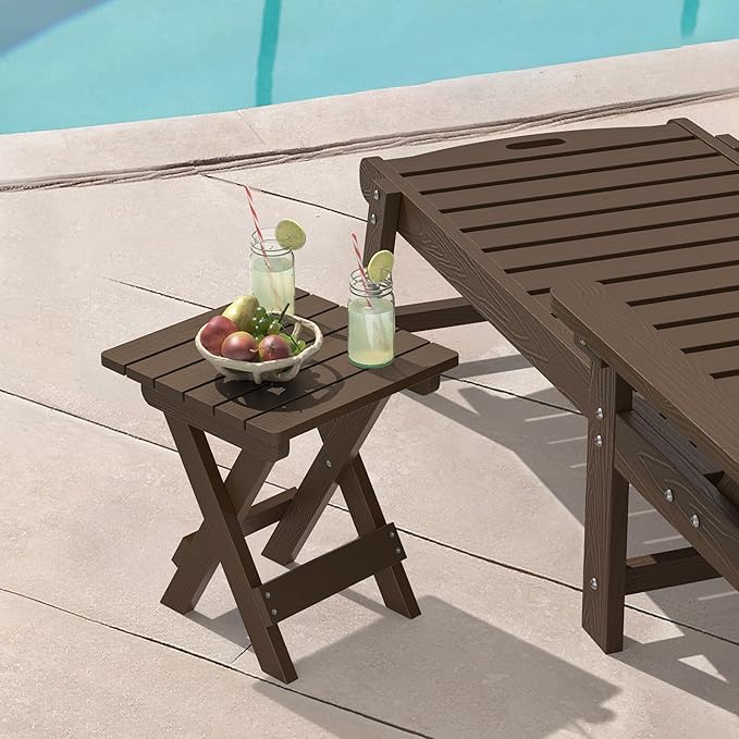 LUE BONA Small Outdoor Folding Side Table, HDPS Outside End Table for Patio, Porch, Deck, Pool, 14 Inch Height, Dark Brown