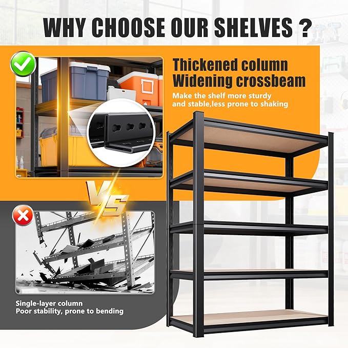 71.2"H-45.6"W Garage Shelving Heavy Duty Storage Shelves, Metal Adjustable Shelving Unit, Utility Garage Organizer Shelf for Basement, Pantry, Kitchen, Warehouse, 45.6"Wx17.7"Dx71.2"H, Black