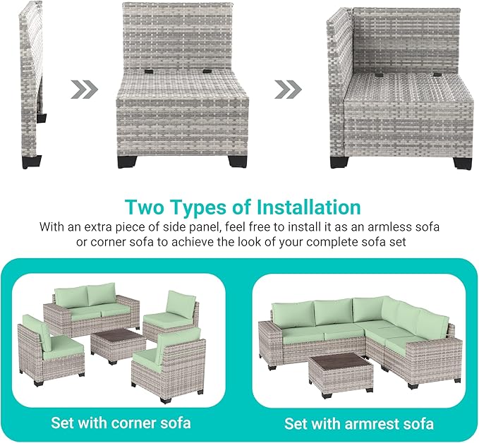 15-Piece Outdoor Patio Furniture Set with Rocking Swivel Chair Wicker Sectional Sofa Set, Patio Conversation Set with Thickened Cushions & Coffee Table for Garden, Backyard, Light Green