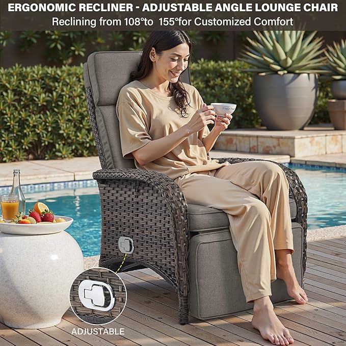Belord 7 Piece Wicker Patio Furniture Set - 4 Adjustable Outdoor Recliner Chairs with 3 Side Table Patio Conversation Set,155° Lay Flat Chaise Lounge Chair Outdoor for Pool Deck Brown