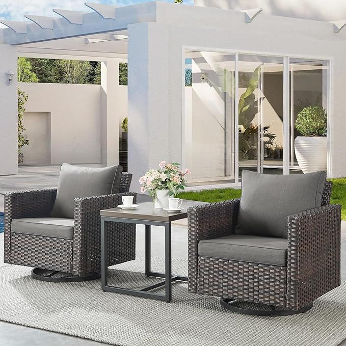 Belord Outdoor Bistro Set 3 Piece Wicker Swivel Rocker Patio Chairs, Oversize Outdoor Rattan Seating Set, Patio Swivel Glider Chairs Wicker Furniture with Metal Side Table for Porch Backyard, Brown