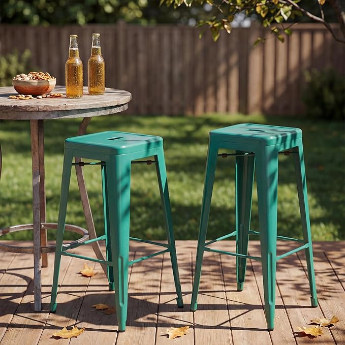 Shahoo 30 Inches Metal Bar Stools Counter Height Stackable Backless Stools, Industrial Patio Stools Indoor Outdoor Metal Kitchen Stools Set of 4 (Green, 30'')