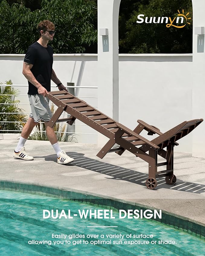 Lounge Chair Outdoor Set of 2, HDPE Chaise Lounge Outdoor with 5-Position & Wheels &Cup Holder, Pool Lounge Chair for Pool Poolside Deck Backyard Patio, Brown