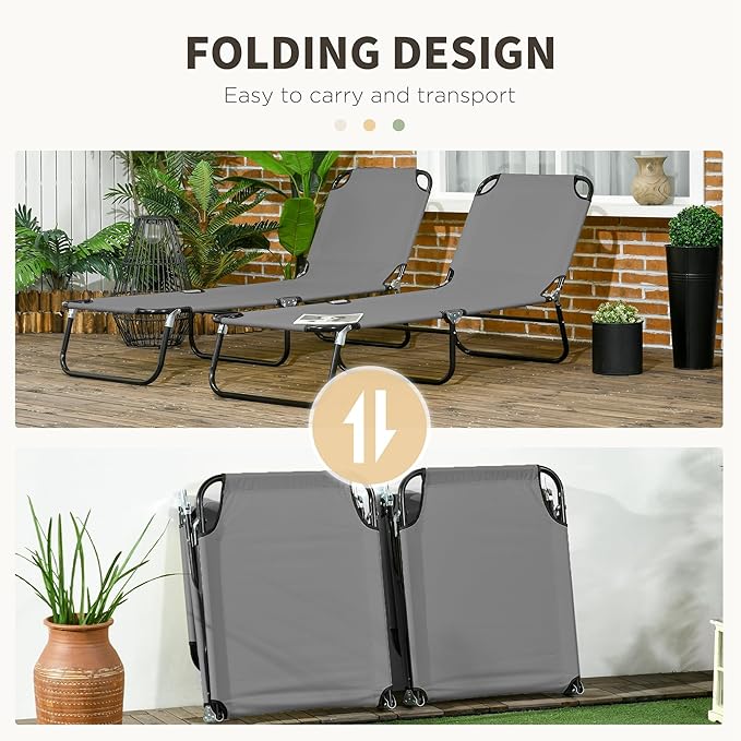 Outsunny 2 Piece Folding Chaise Lounge Pool Chairs, Outdoor Sun Tanning Chairs with 5-Level Reclining Back, Steel Frame for Beach, Yard, Patio, Dark Gray