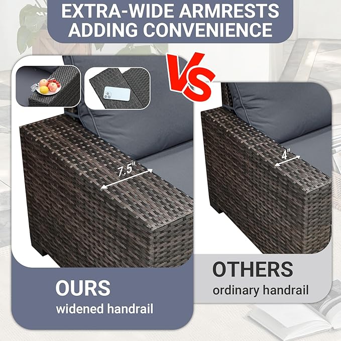 Jing's Villa 7-Piece Patio Furniture Set, All-Weather Outdoor Wicker Sectional Sofa with Cushions, Tempered Glass Table & Ottoman, Rattan Conversation Seating for Porch, Garden, Backyard,Grey