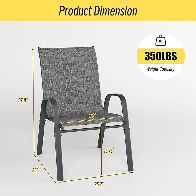 Betterhood Patio Chairs Set of 4, Stackable Outdoor Dining Chairs Set with Breathable Seat Fabric, All-Weather Powder-Coated Metal Frame for Deck, Pool Side and Backyard, 350LBS Capacity (Grey)