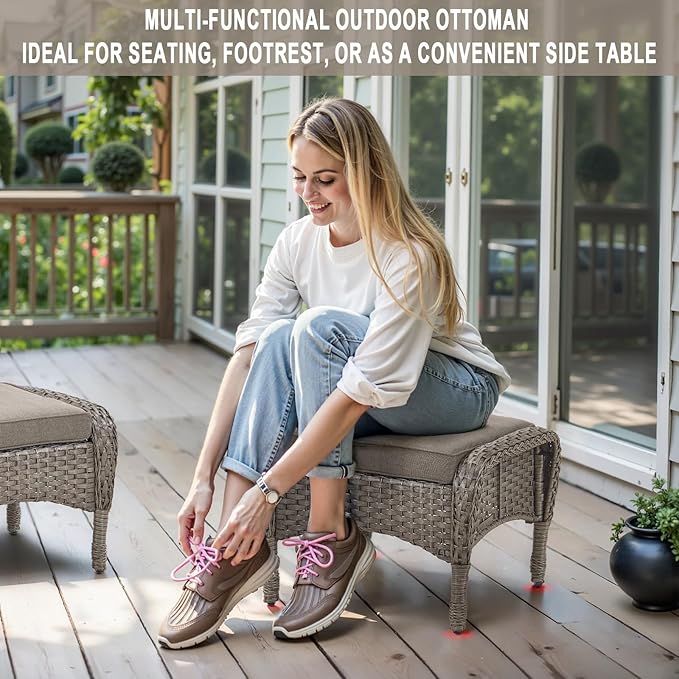 Belord Outdoor Ottomans for Patio Foot Rest - 25 Inch PE Wicker Foot Stool Set of 2 with Removable Cushions for Patio Furniture Sets,All Weather Rattan Ottoman for Balcony Deck Backyard Brown