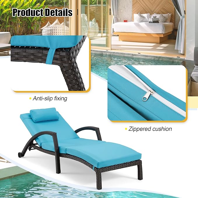 HOMREST Chaise Lounge Chairs Set of 4, PE Rattan Wicker Lounge Chair with Arm and Wheels for Poolside,Blue