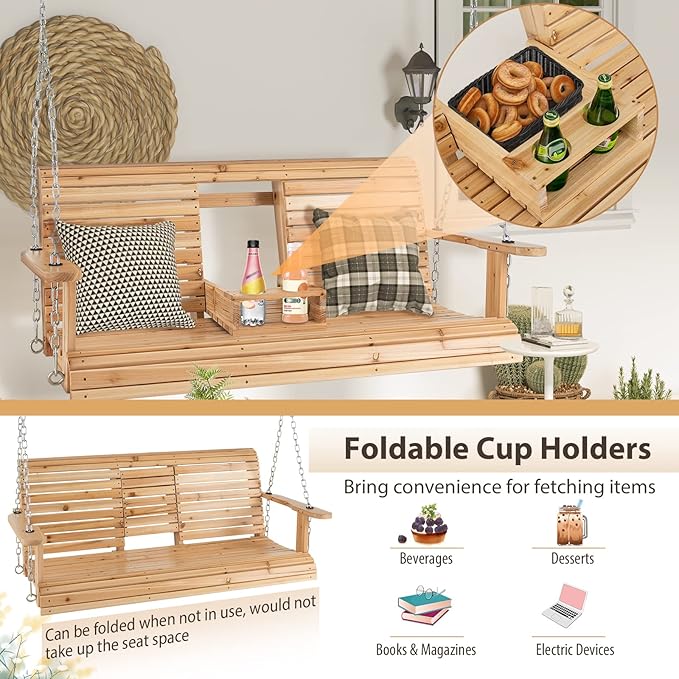 Tangkula 2 Person Hanging Porch Swing, Outdoor Bench Swing with Adjustable Chains, Foldable Cup Holders, High Back, Cozy Armrests, Wooden Hanging Swing Chair for Backyard Deck Garden Natural