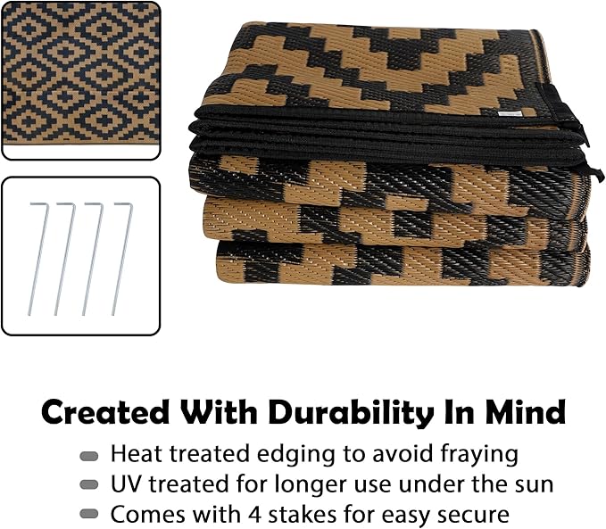 SAND MINE Reversible Mats, Plastic Straw Rug, Modern Area Rug, Large Floor Mat and Rug for Outdoors, RV, Patio, Backyard, Deck, Picnic, Beach, Trailer, Camping, Black & Brown, 8' x 8'