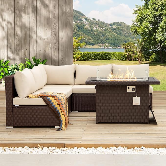NICESOUL 6 Piece Patio Furniture Set with Firepit, 29.3'' High-Back Outdoor Sectional with Fireplace Natural Gas Propane Convertible, Comfy Deep Wide Seating Conversations for Outside, Brown