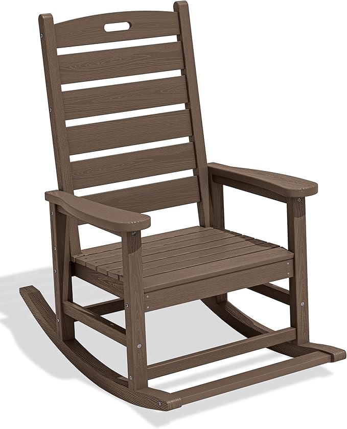 SERWALL Outdoor Rocking Chair, Oversized Rocking Chair with Footrest for Adults, HDPE All Weather Resistant Rocking Chairs for Patio, 350lbs Weight Capacity, Coffee