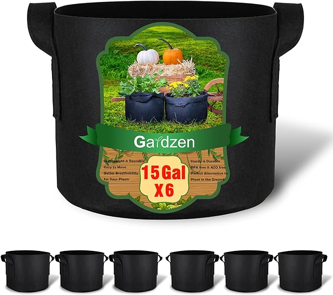 Gardzen 6-Pack 15 Gallon Grow Bags, Aeration Fabric Pots with Handles, Heavy Duty Cloth Pots for Plants