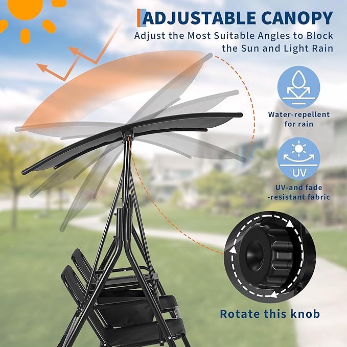 Porch Swing with Cup Holders & Pivot Storage Table & Cooler Bag with Adjustable Canopy for 2 Person Patio Swing for Backyard Balcony Poolside Black