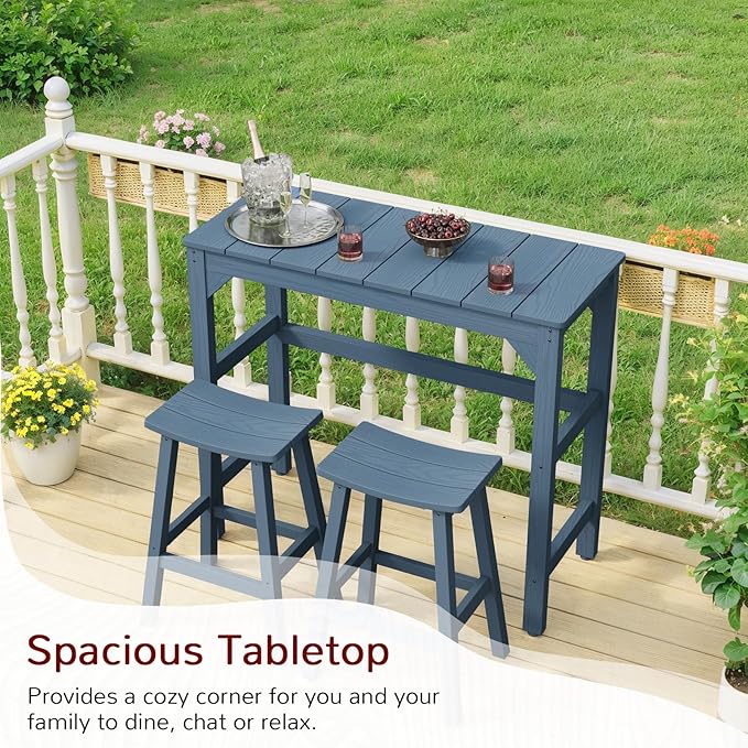 Stoog All-Weather Patio Bar Set, 3-Pieces Outdoor Bar Table and Stools Set, Counter Height Bar Stools Set of 2, Low Maintenance, for Backyard, Garden, Balcony, and Deck, Blue