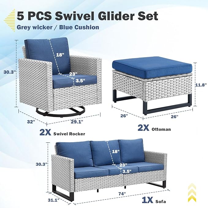 Belord Wicker Patio Furniture 5 Piece Outdoor Sofa Set, Oversize Outdoor Swivel Rocker Chairs with Rattan Ottomans, Conversation Sets Patio Furniture Come with Removable Cushion Blue, Light Grey